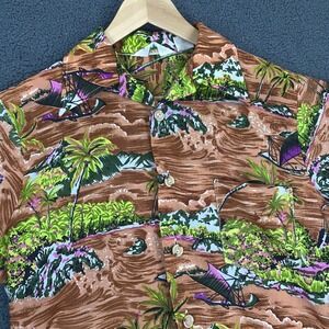 Vintage 70s Waikiki 76 Hawaiian Shirt Mens Small Brown Retro Aloha Dagger Collar
